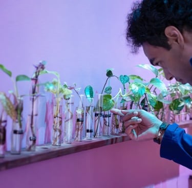 A man reads poetry on propagation tubes with different plants growing in them.