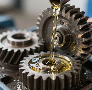 Precision tools and machinery parts laid out on a workbench.