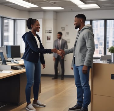 A happy client shaking hands with a friendly tax consultant in a bright office.
