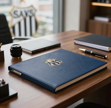 Professional photography of a Brazilian lawyer's office desk with a view of Santos, featuring high-end stationery, dark blue accents, and warm office lighting.