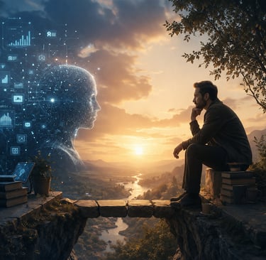 A man sits on a cliff overlooking a valley at sunset, contemplating a glowing digital AI head and data icons.