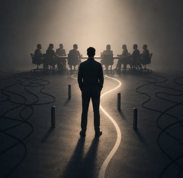 A visionary business leader follows a glowing path toward a corporate boardroom meeting.