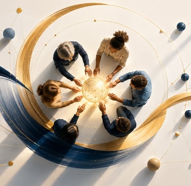 Business team collaborating around a glowing digital globe representing global networking and innovation.