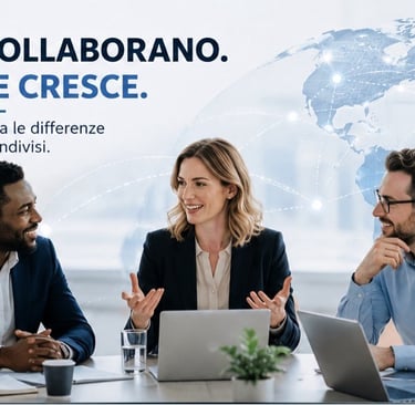 Diverse business team collaborating in a meeting for corporate coaching and global growth.