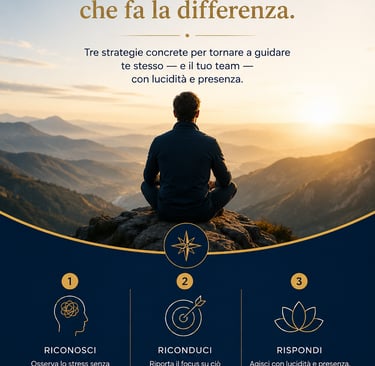 Man meditating on a mountain for stress management and mindful leadership strategies.