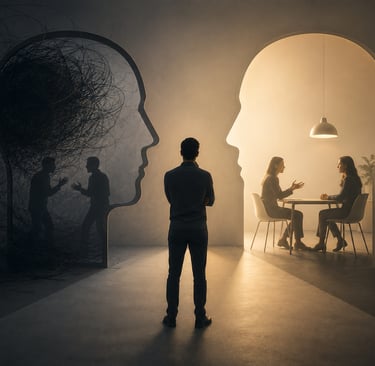 Surreal conceptual art depicting mental health therapy, inner conflict, and psychology through silhouette portals.