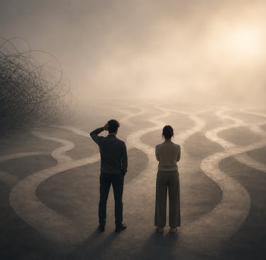 A couple facing multiple paths in a foggy landscape, symbolizing life choices and decision making.
