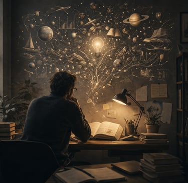 A student studying at a desk with an illuminated light bulb and creative cosmic illustrations symbolizing imagination and