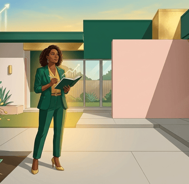 Confident woman of color reviewing finances with symbols of wealth growth and financial freedom in t