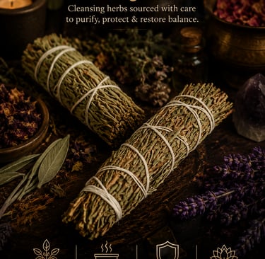 Dried herb smudge sticks for spiritual cleansing and purifying energy, surrounded by lavender and sage.