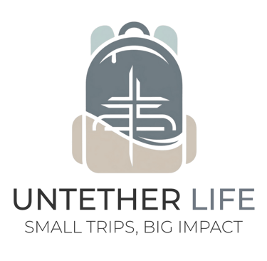 Untether Life backpack logo with a cross symbol, featuring the tagline ‘Small Trips, Big Impact'