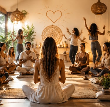 peope gathering to meditate and free-style dance