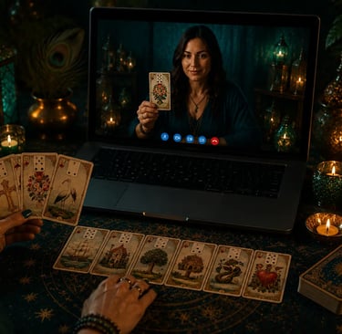 Mesa com cartas durante um atendimento de baralho cigano online confiável.