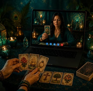 Mesa de atendimento baralho cigano online com lâminas Petit Lenormand dispostas para leitura prática
