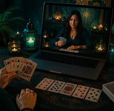 Atendimento de cartomancia online com cartas tradicionais dispostas sobre mesa mística.