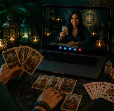 Mesa de jogo de tarot e baralho cigano online com diferentes decks de cartas dispostos para consulta