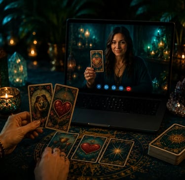 Consulta de atendimento tarot online sobre amor com cartas dispostas sobre a mesa de leituras.