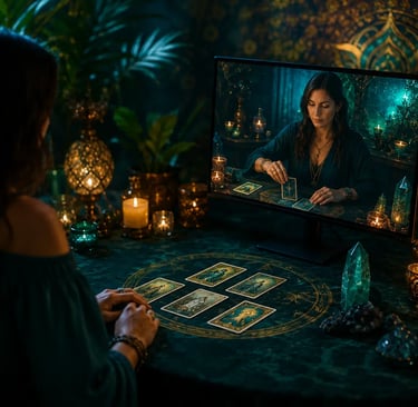 Mesa de atendimento tarot online com cartas espalhadas e tela exibindo consulta virtual de confiança