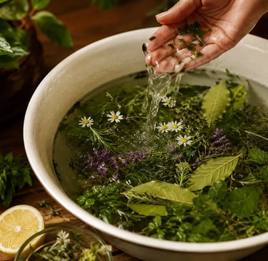 Ervas frescas e flores em água morna dentro de bacia para banho de ervas para limpeza espiritual