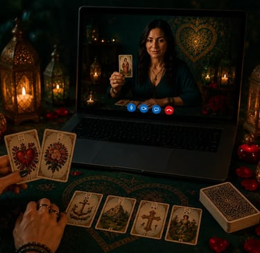 Cartas de baralho cigano para consulta de amor e relacionamento dispostas em mesa mística