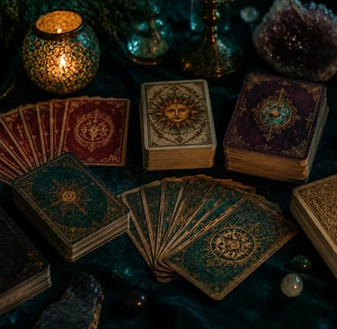 Vários baralhos usados para cartomancia, incluindo Tarot e Baralho Cigano, organizados sobre mesa