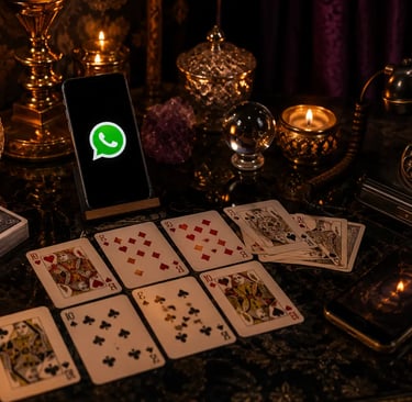 Cartas normais de baralho, celular e telefone fixo reunidos para atendimento de cartomancia
