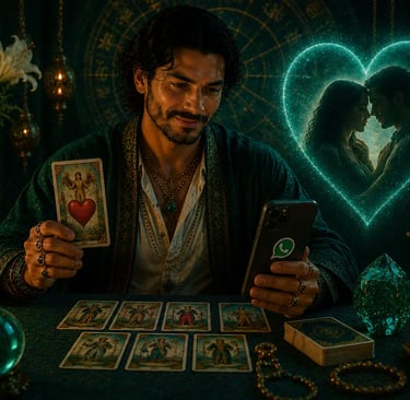 Cartomante realizando consulta de amor por WhatsApp com jogo de tarot focado em união e orientação