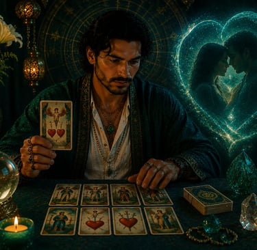Cartomante realizando consulta online para reconciliação amorosa com jogo do Tarot do Amor