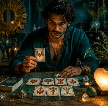 Cartomante fazendo previsões de amor com as cartas do tarô online para desvendar sentimentos