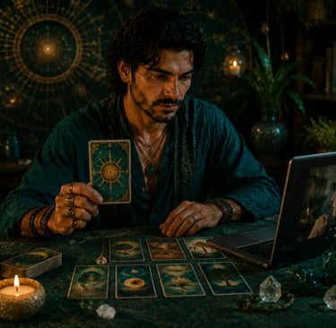 Mesa mística com mãos de cartomante realizando leitura de oráculos online com cartas para previsão