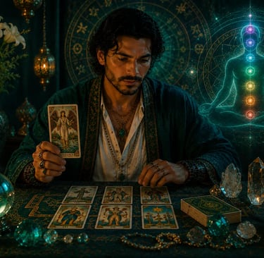 Cartomante realizando consulta de tarot online focado em equilíbrio vibracional e alinhamento