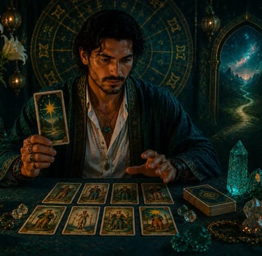 Cartomante realizando leitura de tarot online com previsões para o futuro, sorte e direcionamento