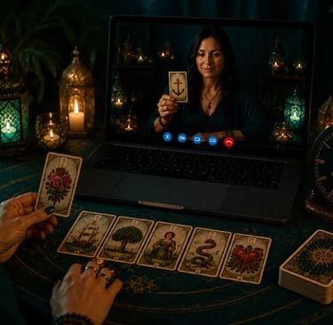 Cartas Petit Lenormand durante uma consulta de baralho cigano 24 horas disponível online.