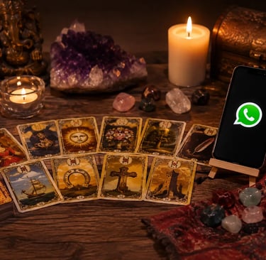 Cartas de baralho cigano na mesa com celular exibindo símbolo do WhatsApp