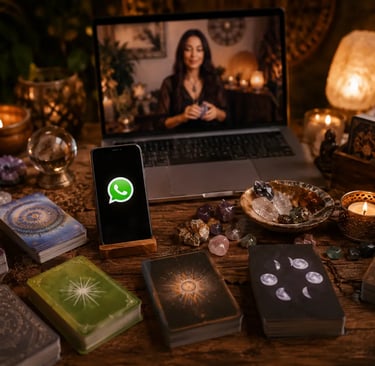 Cartas de tarot e celular com ícone do WhatsApp para consulta com oráculos online.