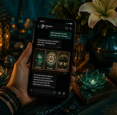 Smartphone exibindo tela de chat com cartas de tarô abertas para consulta com oráculos pelo WhatsApp