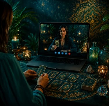 Tela de notebook exibindo uma consulta de tarot pela internet com cartas sobre a mesa do tarólogo