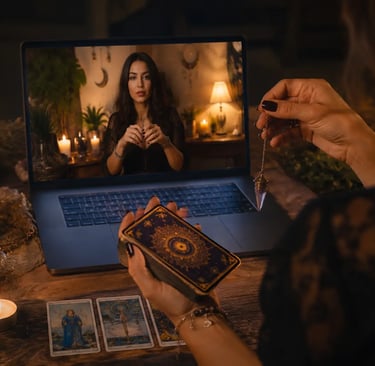 Pessoa com pêndulo de radiestesia sobre cartas de baralho de tarot em consulta esotérica online