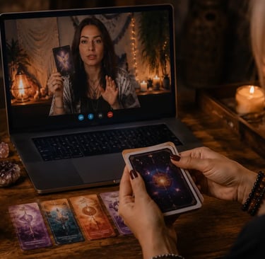 Cartas de oráculo abertas sobre toalha mística em frente a notebook durante consulta online