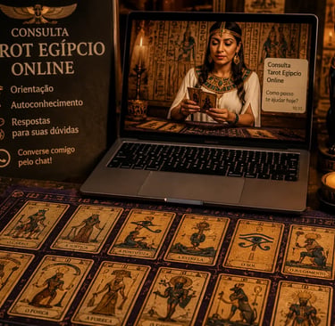 Cartas de tarot egípcio dispostas na mesa ao lado de laptop em sessão de consulta online