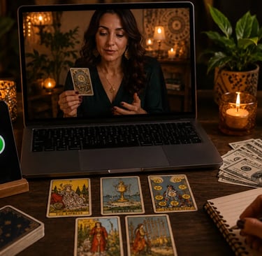 Cartas de tarot de marselha ao lado de moedas para consulta tarot online sobre dinheiro