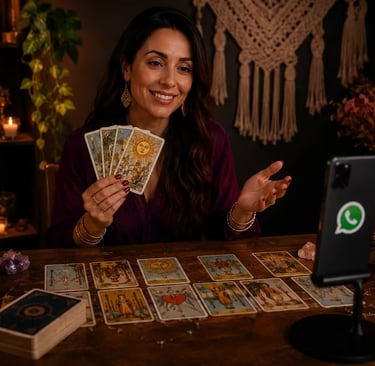 Cartas de tarot abertas em mesa esotérica para avaliação de consultores de tarot online