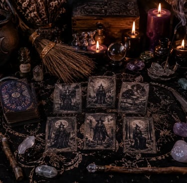Instrumentos das bruxas para consultas místicas como athame, caldeirão e cristais dispostos ao redor