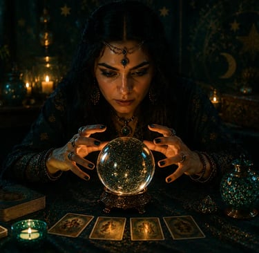 Mãos de vidente sobre esfera de vidro iluminada realizando leitura da sorte com bola de cristal