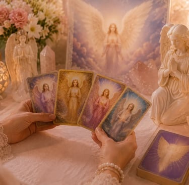 Lâmina com mensagem inspiracional durante uma leitura de oráculo angelical terapêutico sobre mesa