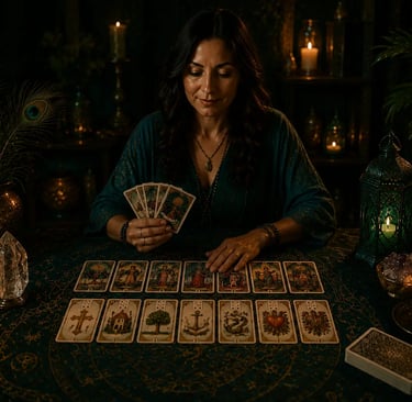 Mesa de atendimento esotérico com lâminas de leitura de tarot e baralho cigano dispostas lado a lado