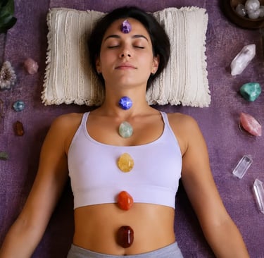 Cristais coloridos alinhados sobre os centros de energia do corpo para reequilibrio de chakras