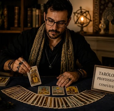 Tarólogo profissional confiável realizando uma leitura analítica de cartas de Tarot