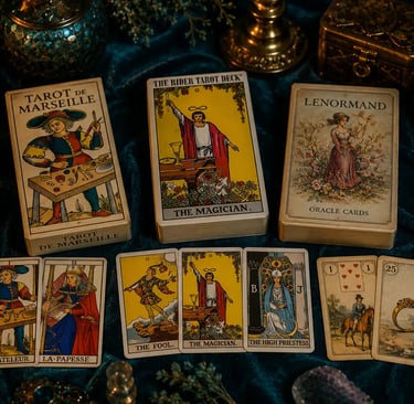 Três cartas exibindo as diferenças entre o Tarot de Marselha, o Tarot Rider Waite e Lenormand