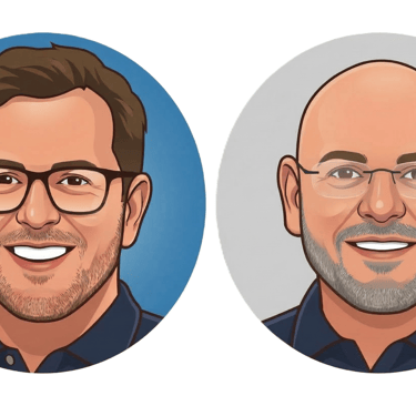 Illustrated cartoon avatars of two professional men wearing glasses and smiling in circular frames.